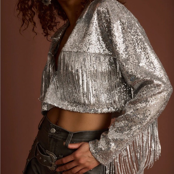 12th Tribe Star Crossed Sequin Fringe Jacket. Small. Silver. Coachella. Vegas. - Picture 2 of 13